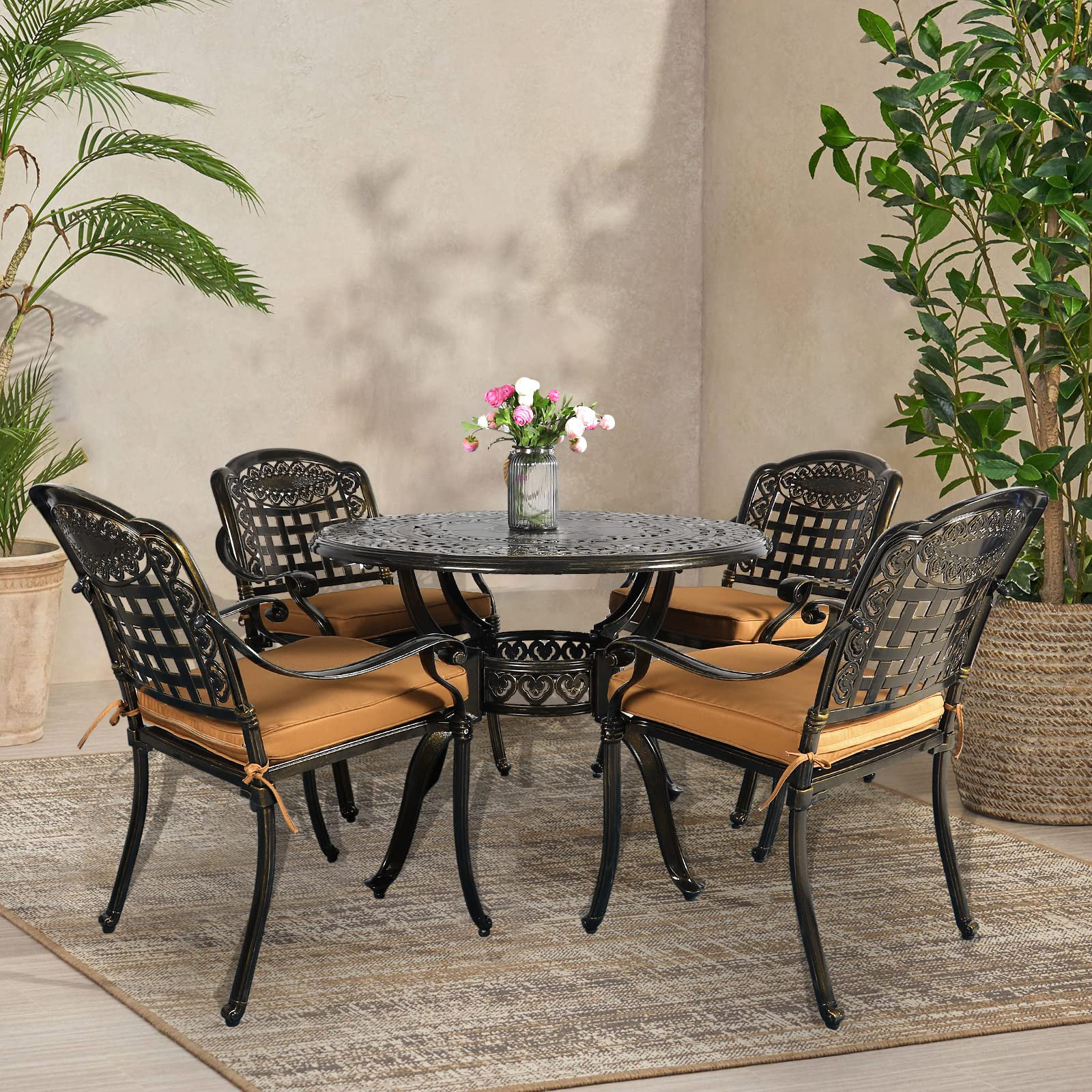 Vivijason 5 Piece Patio Furniture Dining Set All Weather Cast Aluminum Outdoor Conversation Set Include 4 Cushioned Chairs And 1 Round Table